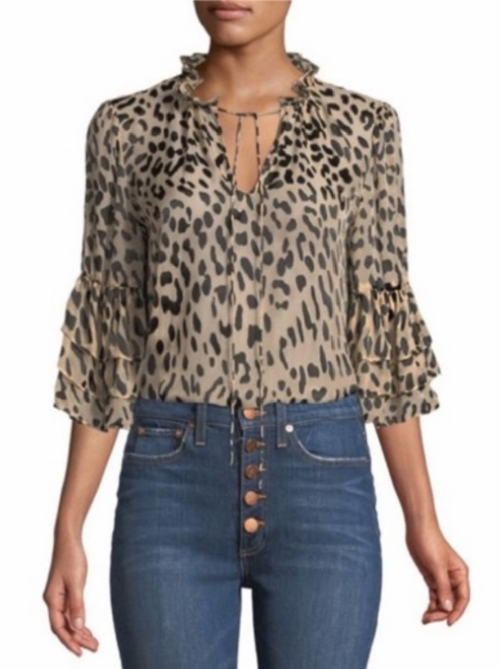 Alice + Olivia | Women’s Black/Taupe Silk Blend Leopard Love Tier Sleeve Top XS